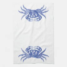Crab Woodblock Print Artisan Style Nautical Blue Hand Towels