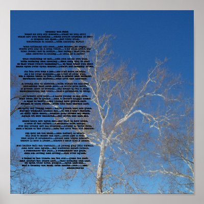 Poem "Crabby Old Man" on a blue sky with white tree background.
