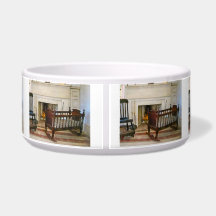 Cradle Near Fireplace Dog Bowls