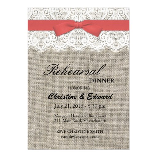 Cranberry Bow and Lace Wedding Rehearsal Dinner Invitation