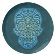 Cráneo azul decorativo del azúcar plato