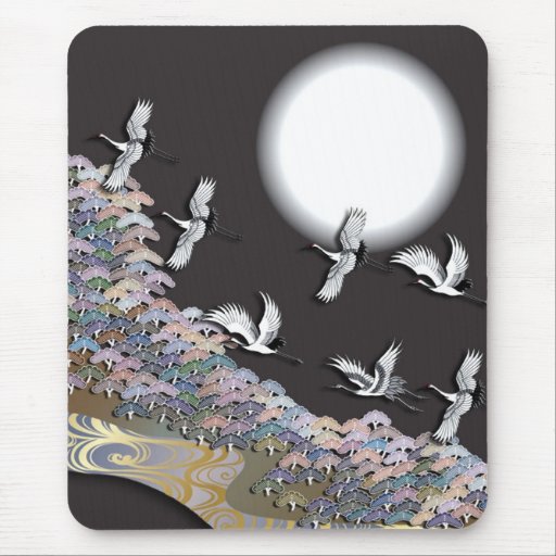 Cranes, moon and pines mousepad