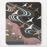 Cranes,river,autumn flowers and mist mousepad