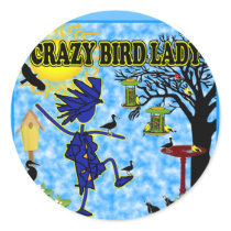 Crazy Bird Lady Design Round Stickers