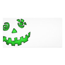 Crazy Jack O Lantern Pumpkin Face Green Customized Photo Card