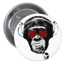 monkey, vintage, pipe, psychedelic, retro, fun, funny, crazy monkey, primacy, sunglasses, creatures, chase, Button with custom graphic design
