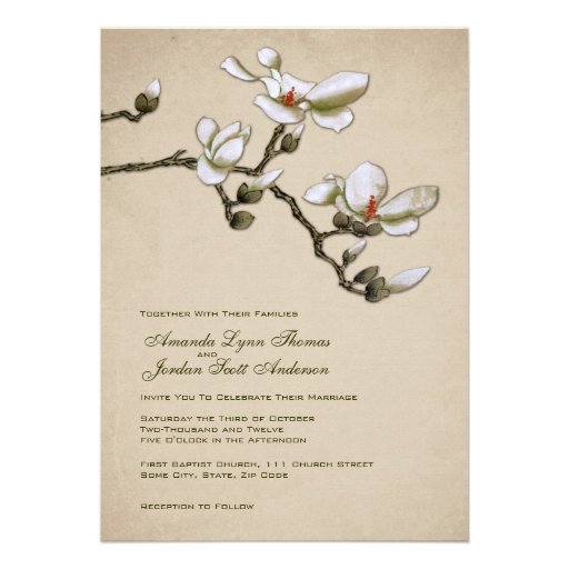 Cream and Green Magnolia Wedding Invitation