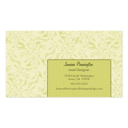 Cream and pea green vintage elegant  business card (back side)