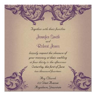 Cream and Purple Vintage Scroll Posh Wedding Personalized Announcement