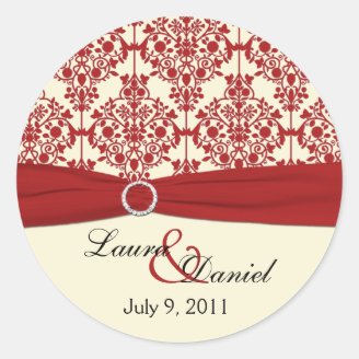 Cream and Red Damask 1.5" Round Sticker