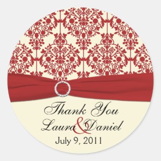 Cream and Red Damask 1.5" Thank You Sticker