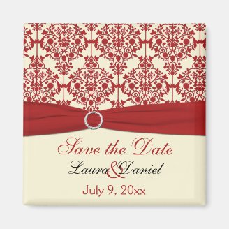 Cream and Red Damask Save the Date Magnet