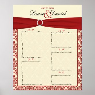 Cream and Red Damask Seating Chart Posters