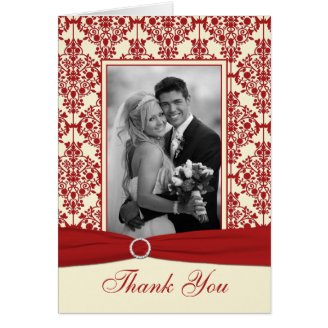 Cream and Red Damask Thank You Card with Photo