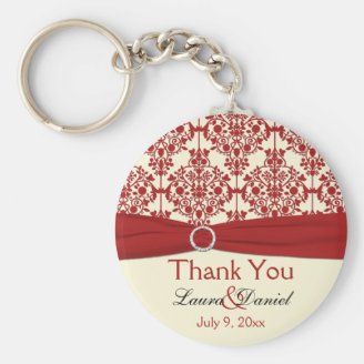 Cream and Red Damask Thank You Keychain