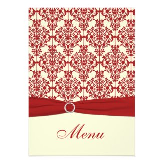 Cream and Red Damask Wedding Menu Card Invitation