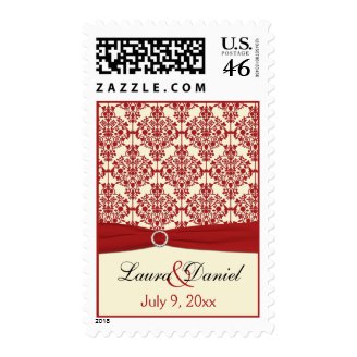 Cream and Red Damask Wedding Postage