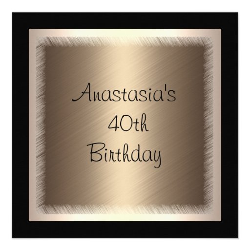 Cream Bronze Glamour on Black 40th Birthday Personalized Announcement (front side)