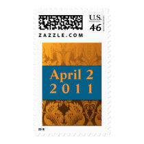 Cream & brown damask and blue wedding postage