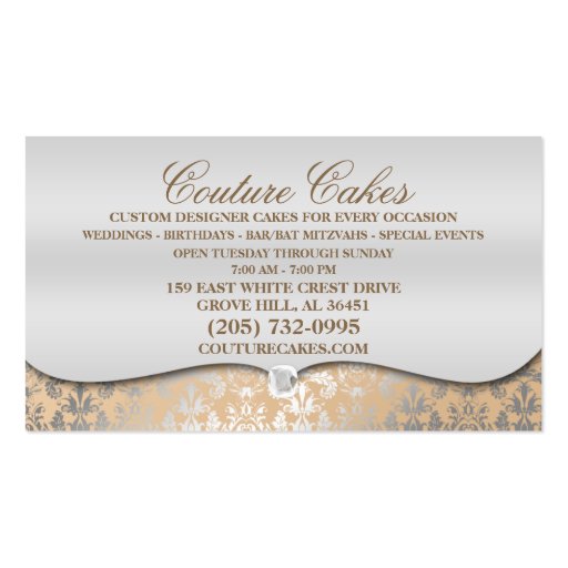 Cream Cake Couture Glitzy Damask Cake Bakery Business Card (back side)