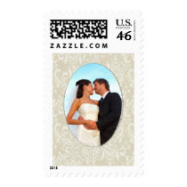 Cream damask wedding photo template postage