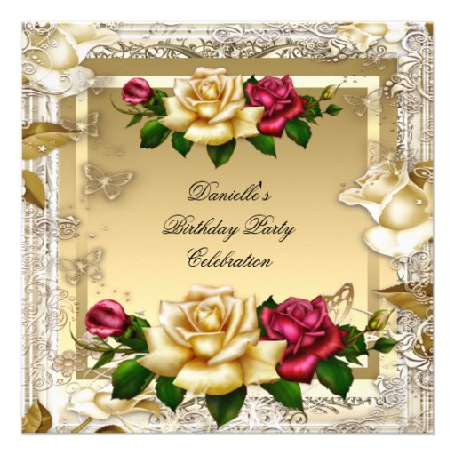 Cream Gold Pink Red Roses Elegant Birthday Party Personalized Announcement