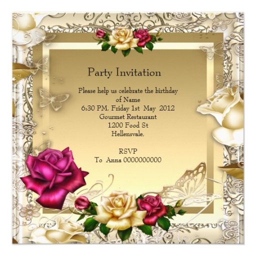 Cream Gold Pink Red Roses Elegant Birthday Party Personalized Announcement
