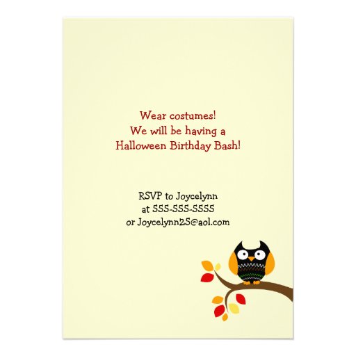 Cream Halloween Owl Autumn Birthday Invite 5x7