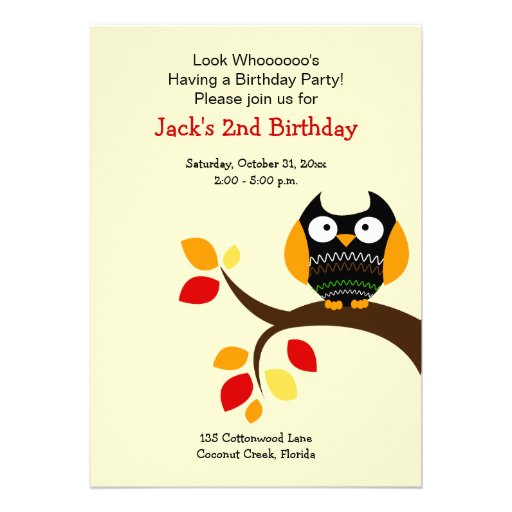 Cream Halloween Owl Autumn Birthday Invite 5x7