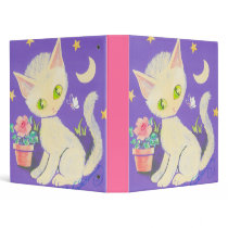 Cream Kitty Cat With Flower Pot, Moon & Stars Vinyl Binder