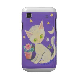 Cream Kitty Cat With Flower Pot, Moon & Stars