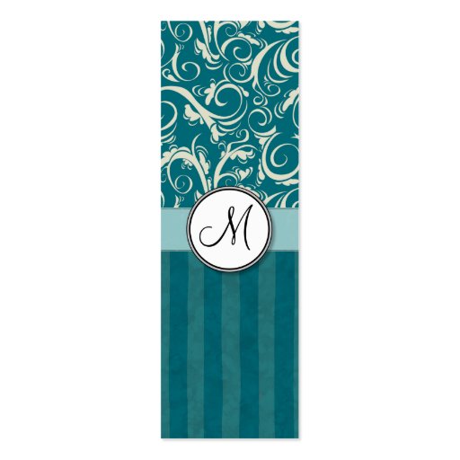 Cream on Teal Floral Wisps & Stripes with Monogram Business Card Templates (back side)