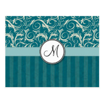 Cream on Teal Floral Wisps & Stripes with Monogram Post Cards