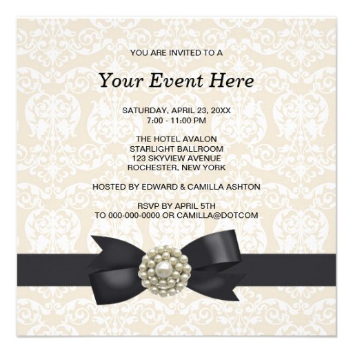 Cream Pearl Bow Black Tie Party Event Template Custom Invite