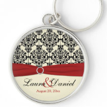 Cream, Red, and Black Damask Wedding Keychain