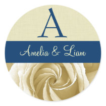 Cream Rose with Blue Wedding Monogram Round Stickers