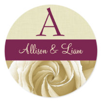 Cream Rose with Burgundy Wedding Monogram Sticker