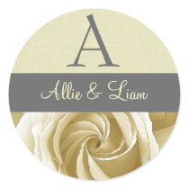 Cream Rose with Gray Wedding Monogram V3 Round Stickers