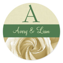 Cream Rose with Green Wedding Monogram Round Stickers