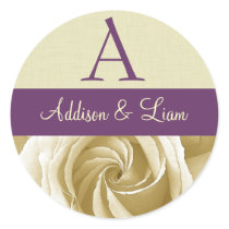 Cream Rose with Purple Wedding Monogram Stickers