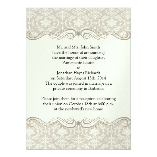 Cream Tan Damask Swirls Post Wedding Personalized Invitation