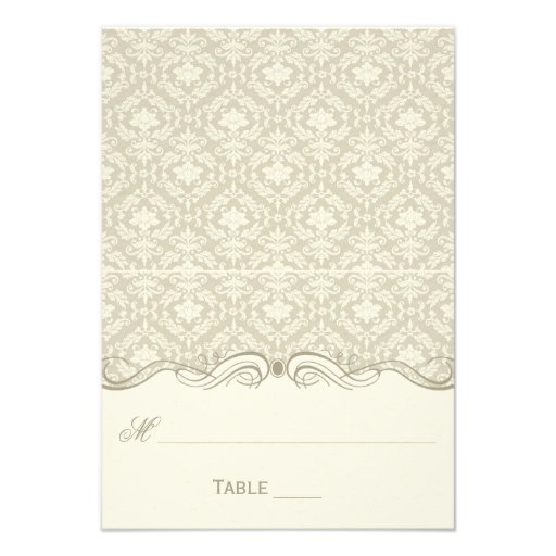 Cream Tan Ivory Damask Swirls Folded Place Cards (front side)