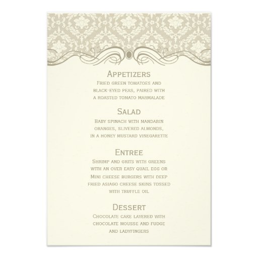 Cream Tan Ivory Damask Swirls Menu Card