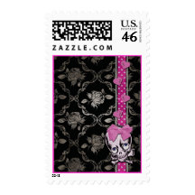 Creepy Girl Skull with Pink Bow on Black Damask Postage