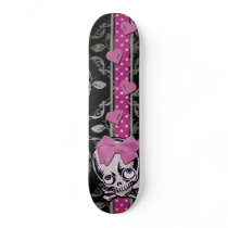 Creepy Girl Skull with Pink Bow on Black Damask Custom Skateboard