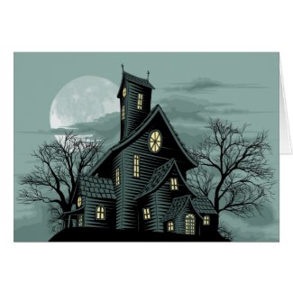 Creepy haunted ghost house scene illustration card