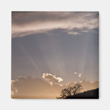 Crepuscular rays radiate across the sky at fridge magnets