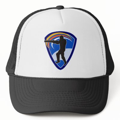 cricket batsman batting silhouette trucker hat by patrimonio. illustration of a cricket sports batsman silhouette batting set inside shield