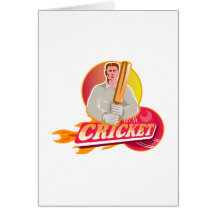 cricket player batsman with bat flaming ball greeting cards