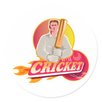 cricket player batsman with bat flaming ball round sticker